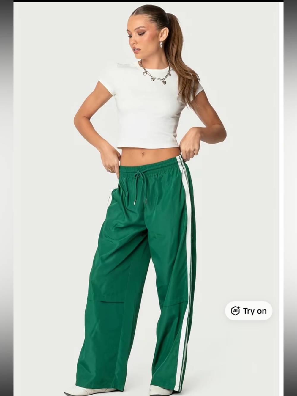 Edikted Green Track Pants with White Side Stripes